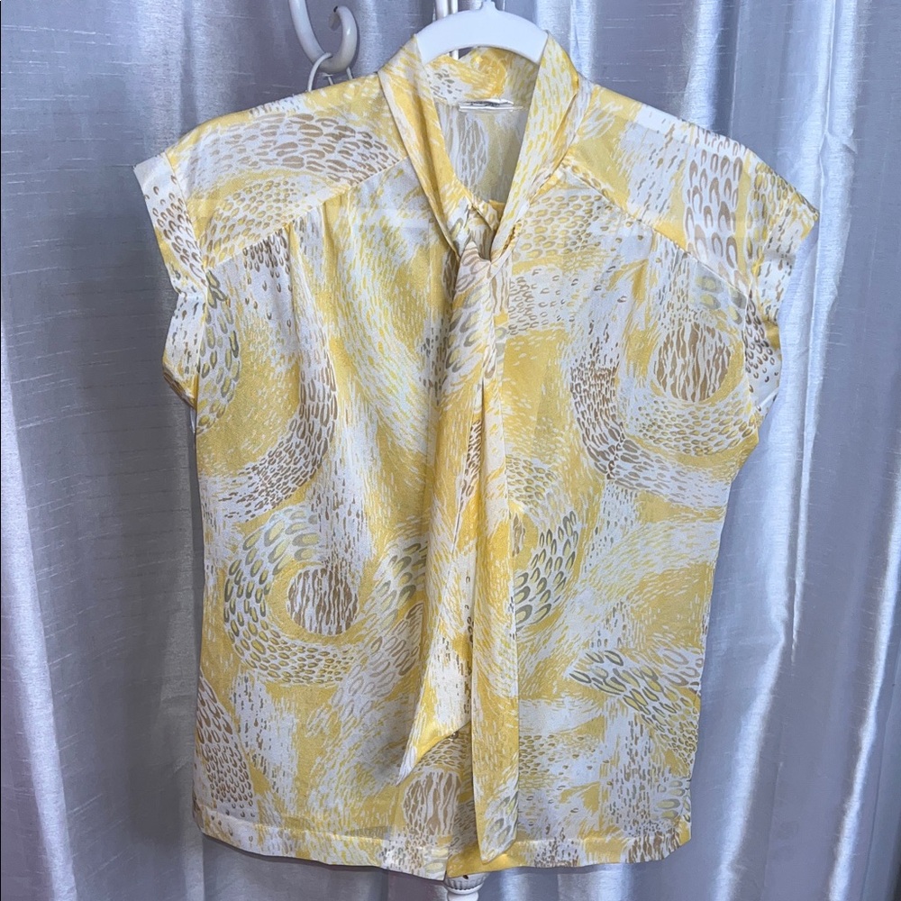 Vintage Blouse by Nikki With Faux Scarf Yellow White